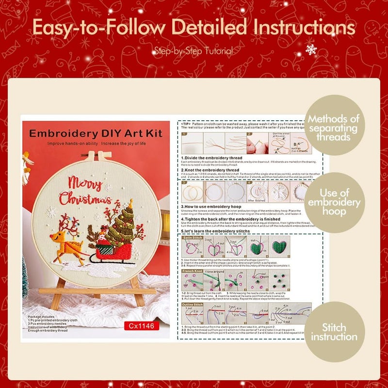 wtisan Christmas Embroidery Kits: 1 Pack Cross Stitch Kit for Beginners Adults, DIY Ornaments Craft Kit with All Tools & Instructions, Stamped Hand Embroidery Starter Kit for Holiday Crafts & Xmas Home Decor - Image 2